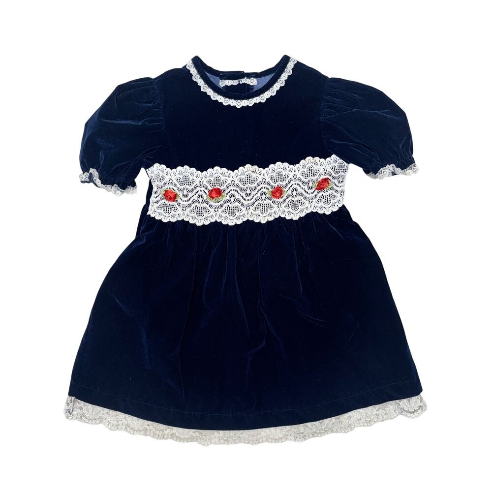 Vintage Evy Dress Girls 4T Toddler Blue Velvet Lace Floral Made in USA 80s
